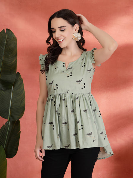 Indibelle Cotton Bird Print Gathered High Low Kurti (Green)