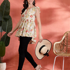 Indibelle Cotton Floral Print Gathered High Low Kurti (Off White)
