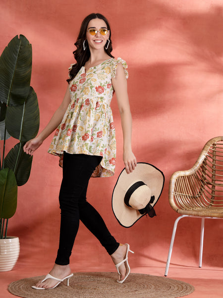Indibelle Cotton Floral Print Gathered High Low Kurti (Off White)