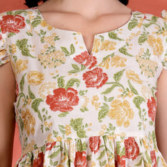 Indibelle Cotton Floral Print Gathered High Low Kurti (Off White)