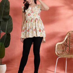 Indibelle Cotton Floral Print Gathered High Low Kurti (Off White)