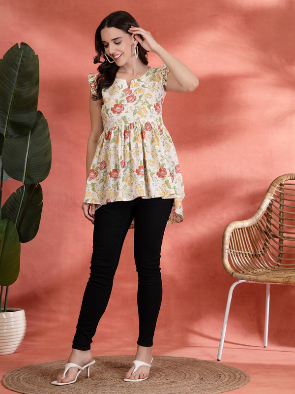 Indibelle Cotton Floral Print Gathered High Low Kurti (Off White)