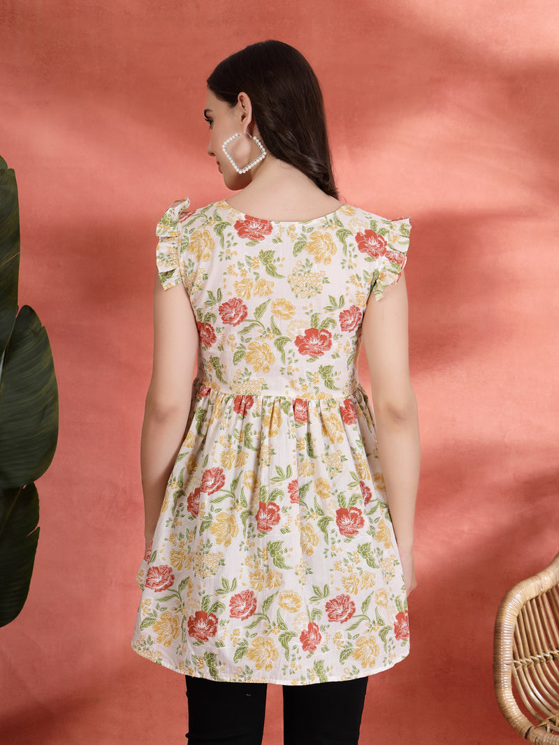 Indibelle Cotton Floral Print Gathered High Low Kurti (Off White)