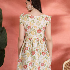 Indibelle Cotton Floral Print Gathered High Low Kurti (Off White)