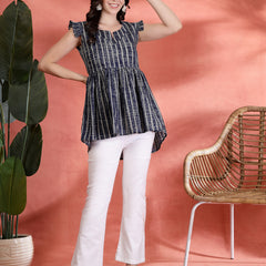 Indibelle Cotton Blue Striped Print Gathered High Low Kurti