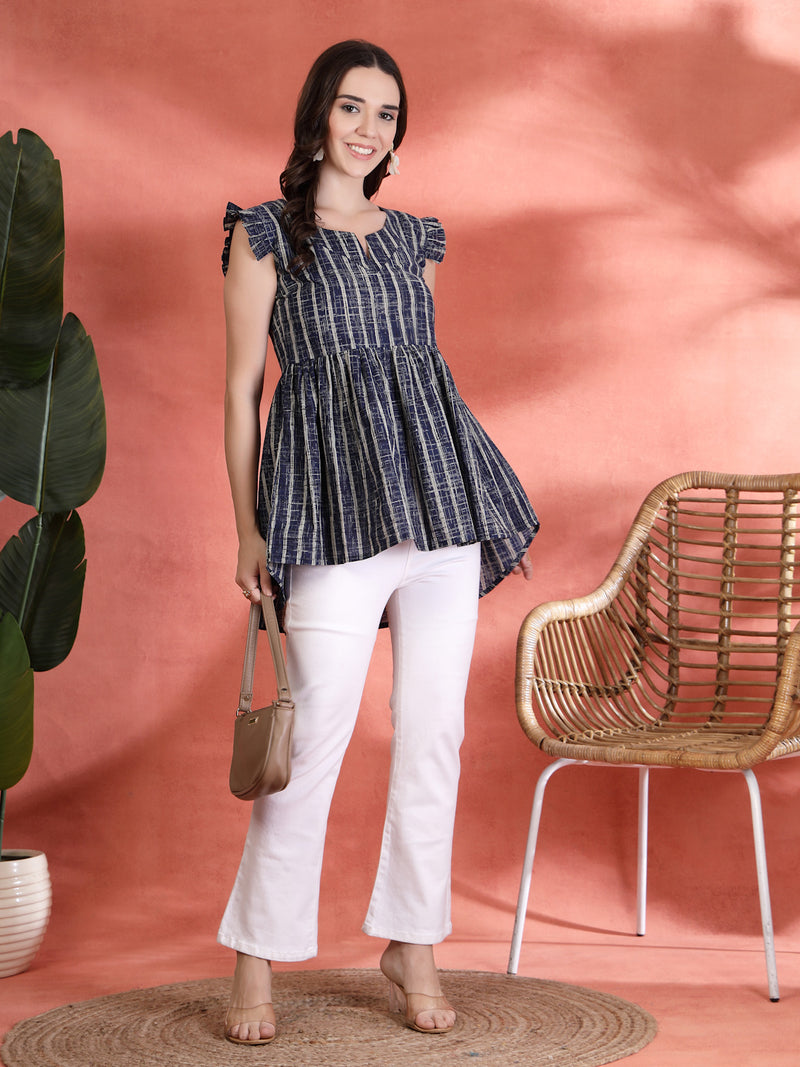 Indibelle Cotton Blue Striped Print Gathered High Low Kurti