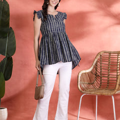 Indibelle Cotton Blue Striped Print Gathered High Low Kurti