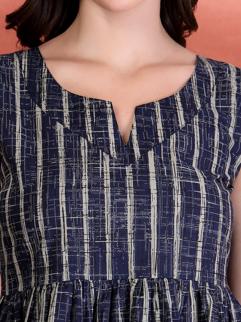 Indibelle Cotton Blue Striped Print Gathered High Low Kurti