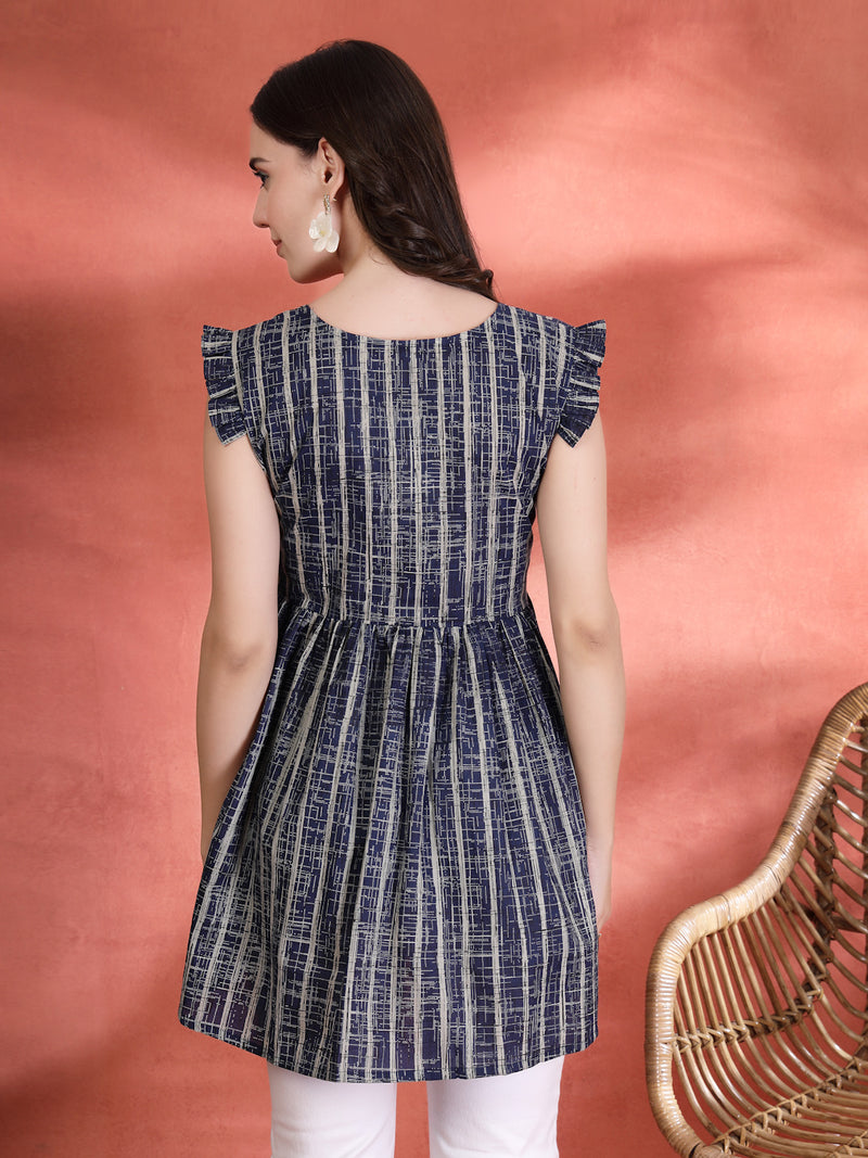 Indibelle Cotton Blue Striped Print Gathered High Low Kurti