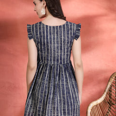 Indibelle Cotton Blue Striped Print Gathered High Low Kurti