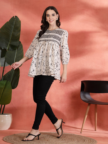 Indibelle Cotton Abstract Print Peplum Kurti (Black)