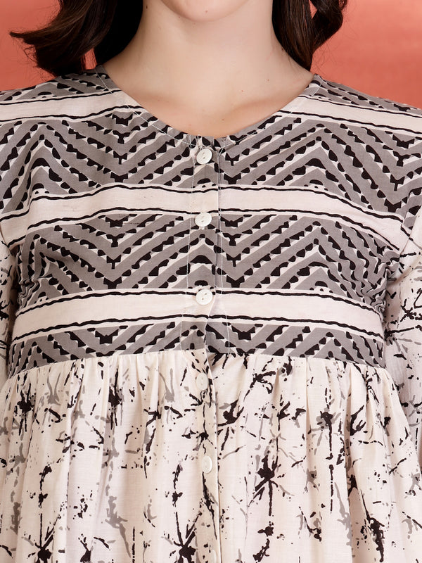 Indibelle Cotton Abstract Print Peplum Kurti (Black)