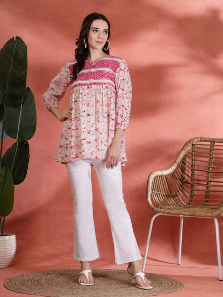 Indibelle Cotton Abstract Print Peplum Kurti (Pink)