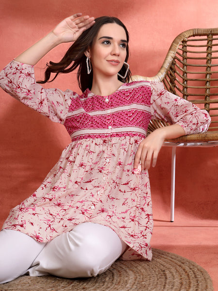 Indibelle Cotton Abstract Print Peplum Kurti (Pink)
