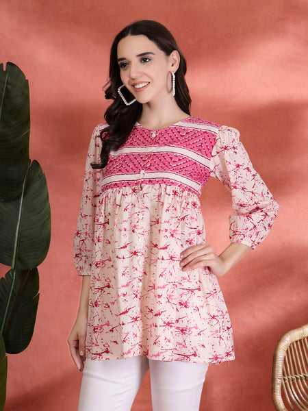 Indibelle Cotton Abstract Print Peplum Kurti (Pink)