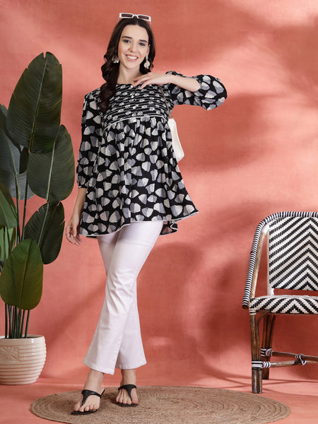 Indibelle Cotton Ethnic Print Peplum Kurti (Black)