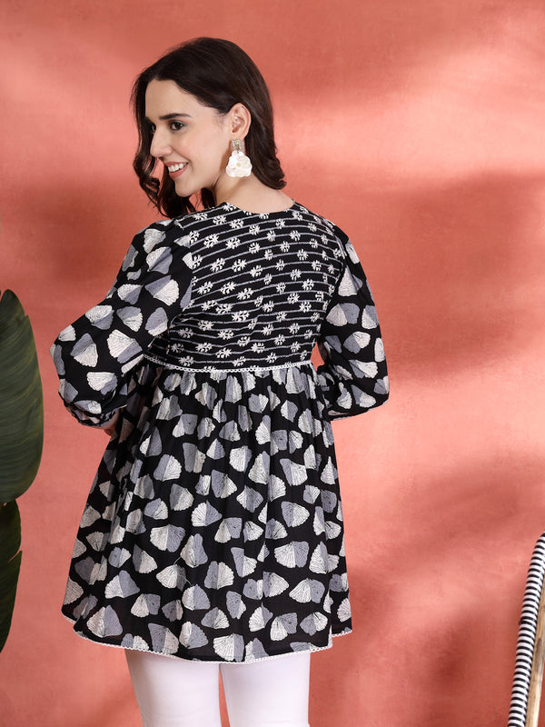 Indibelle Cotton Ethnic Print Peplum Kurti (Black)