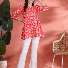 Indibelle Cotton Ethnic Print Peplum Kurti (Pink)
