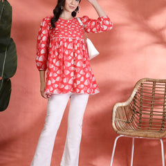 Indibelle Cotton Ethnic Print Peplum Kurti (Pink)