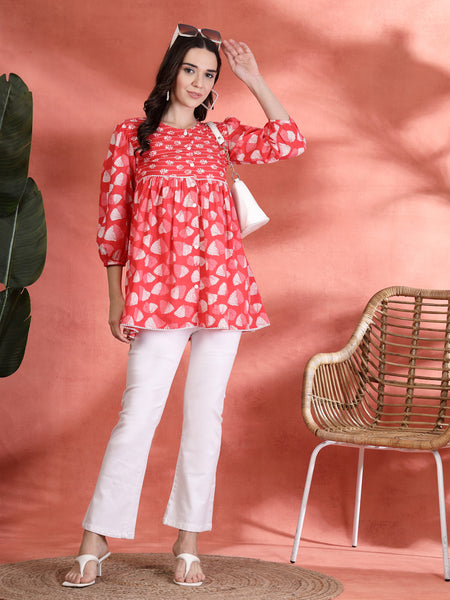 Indibelle Cotton Ethnic Print Peplum Kurti (Pink)