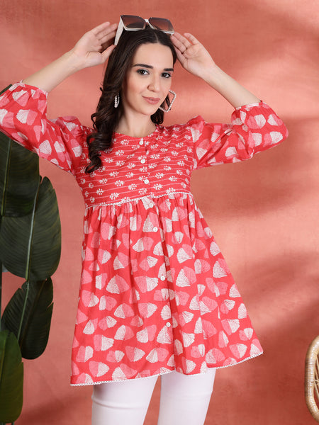Indibelle Cotton Ethnic Print Peplum Kurti (Pink)