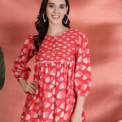 Indibelle Cotton Ethnic Print Peplum Kurti (Pink)