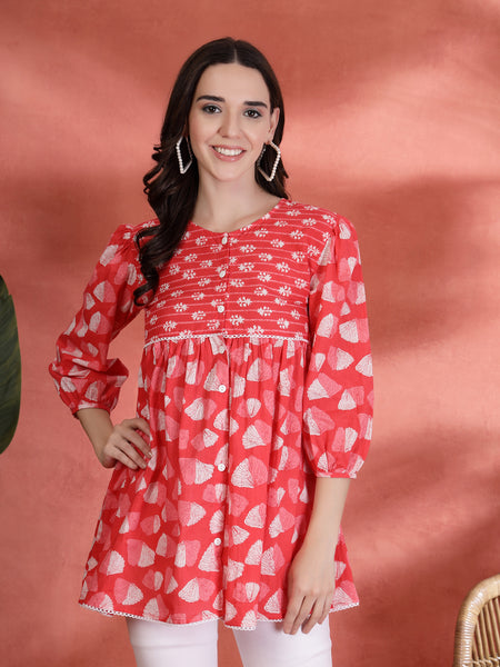 Indibelle Cotton Ethnic Print Peplum Kurti (Pink)