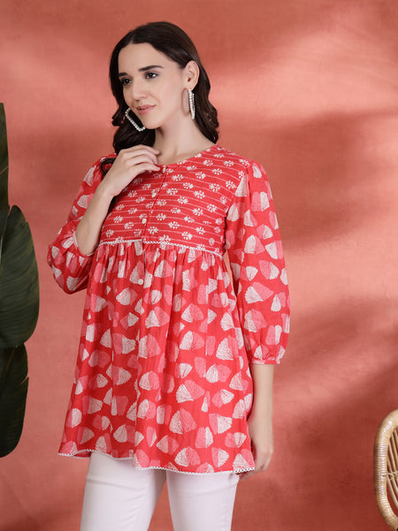 Indibelle Cotton Ethnic Print Peplum Kurti (Pink)