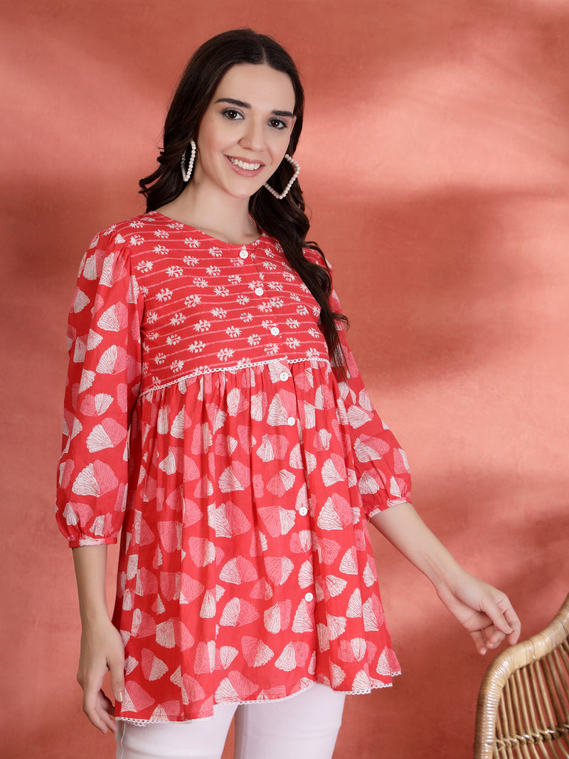 Indibelle Cotton Ethnic Print Peplum Kurti (Pink)