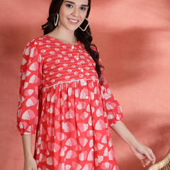 Indibelle Cotton Ethnic Print Peplum Kurti (Pink)