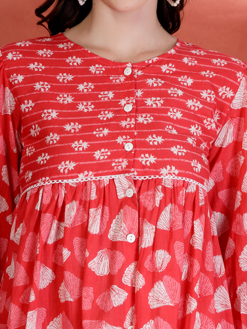 Indibelle Cotton Ethnic Print Peplum Kurti (Pink)