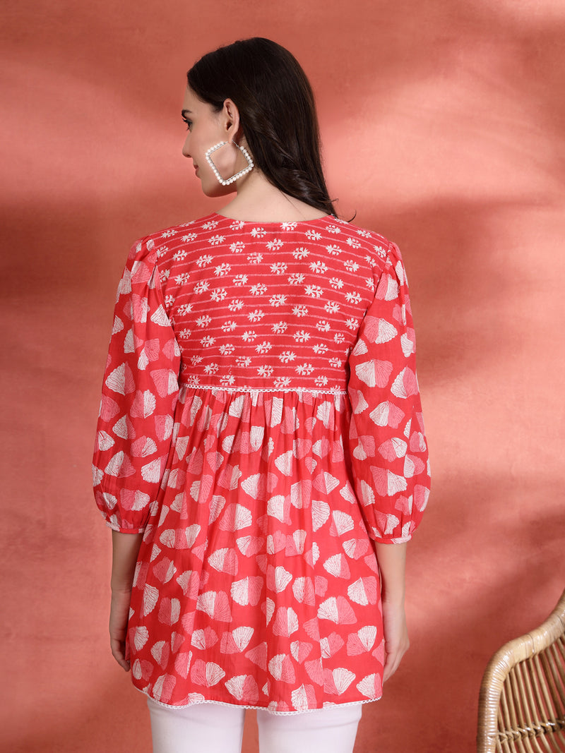 Indibelle Cotton Ethnic Print Peplum Kurti (Pink)