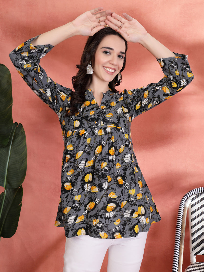 Indibelle Rayon Abstrac Print A-Line Kurti (Grey)