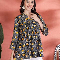 Indibelle Rayon Abstrac Print A-Line Kurti (Grey)