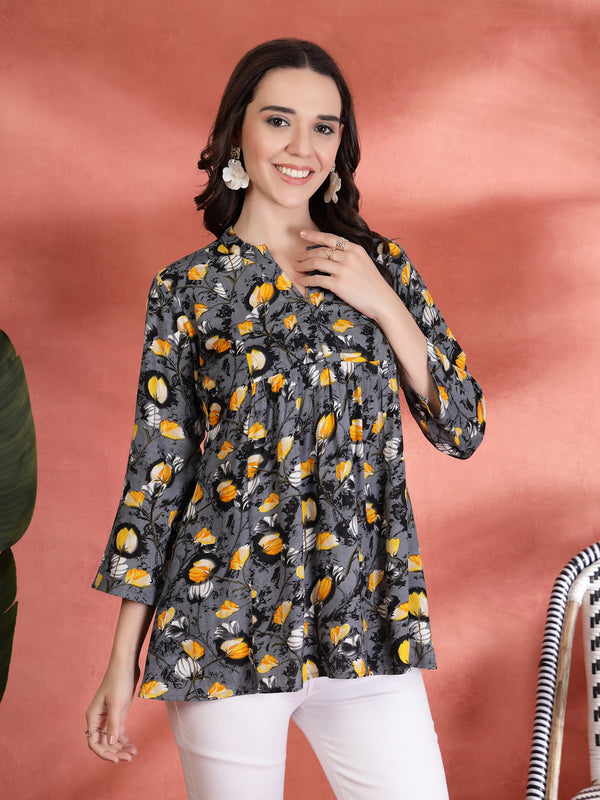 Indibelle Rayon Abstrac Print A-Line Kurti (Grey)