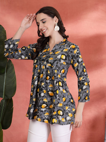 Indibelle Rayon Abstrac Print A-Line Kurti (Grey)