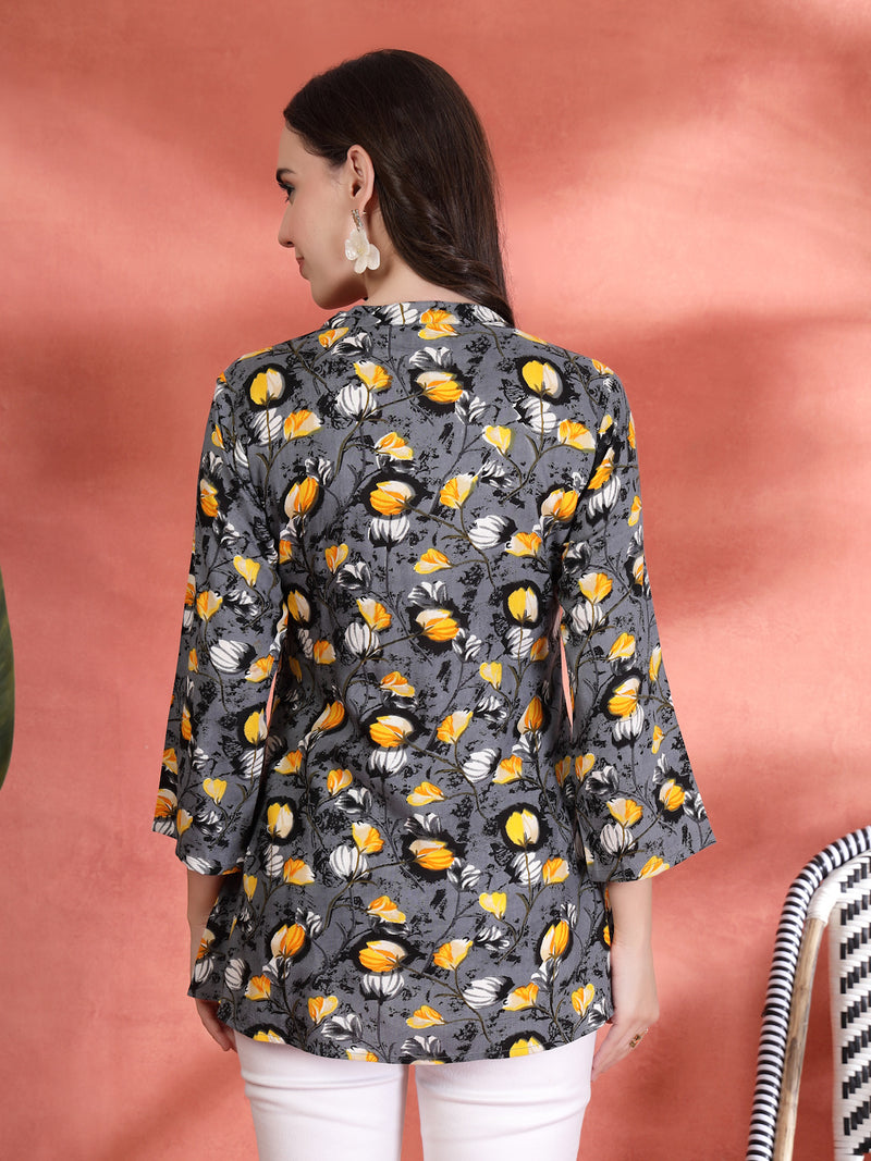 Indibelle Rayon Abstrac Print A-Line Kurti (Grey)