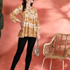Indibelle Rayon Abstract Print A Line Kurti (Mustard)