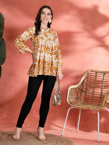 Indibelle Rayon Abstract Print A Line Kurti (Mustard)