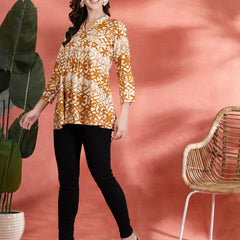 Indibelle Rayon Abstract Print A Line Kurti (Mustard)