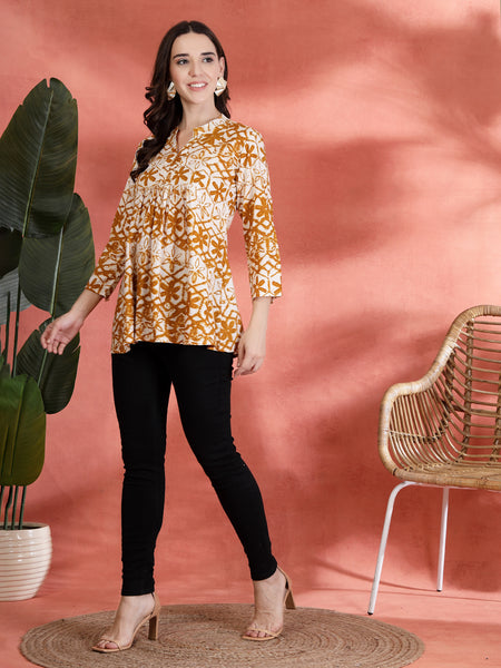 Indibelle Rayon Abstract Print A Line Kurti (Mustard)