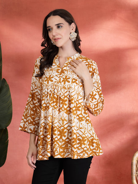 Indibelle Rayon Abstract Print A Line Kurti (Mustard)