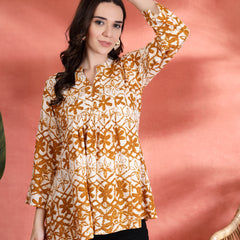 Indibelle Rayon Abstract Print A Line Kurti (Mustard)