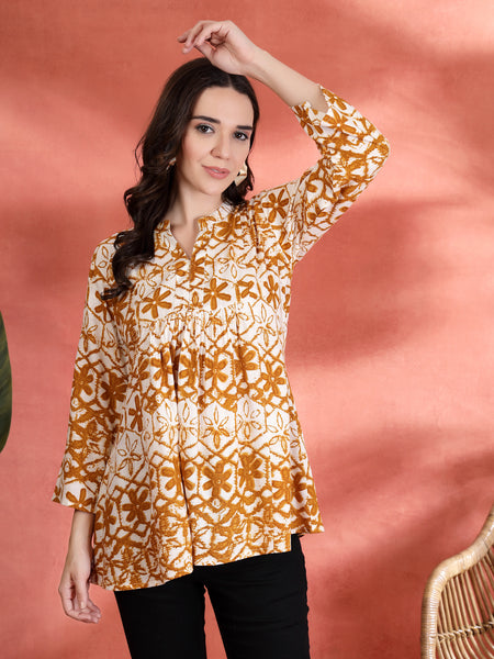 Indibelle Rayon Abstract Print A Line Kurti (Mustard)