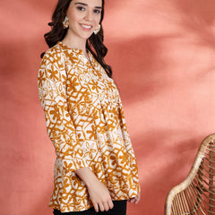 Indibelle Rayon Abstract Print A Line Kurti (Mustard)