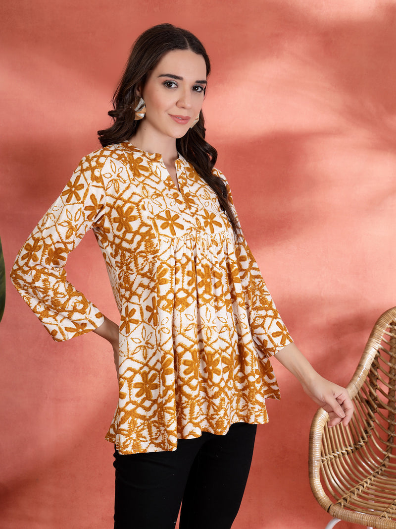 Indibelle Rayon Abstract Print A Line Kurti (Mustard)