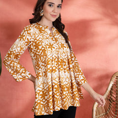 Indibelle Rayon Abstract Print A Line Kurti (Mustard)