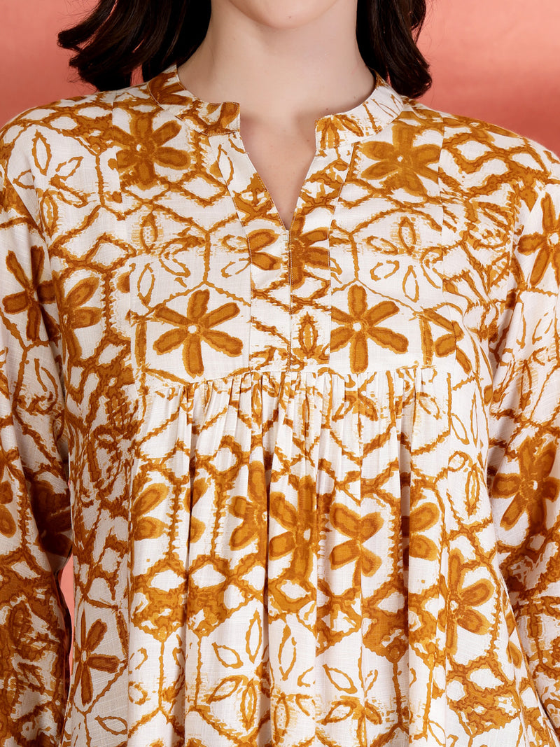 Indibelle Rayon Abstract Print A Line Kurti (Mustard)