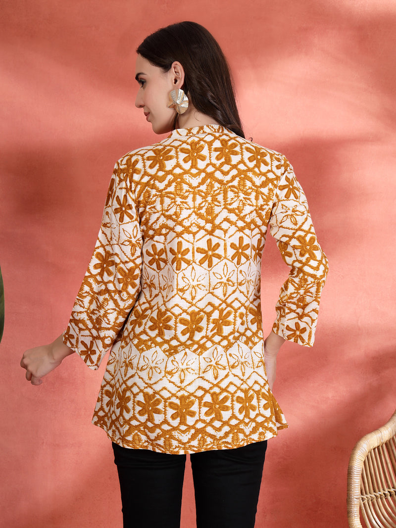 Indibelle Rayon Abstract Print A Line Kurti (Mustard)
