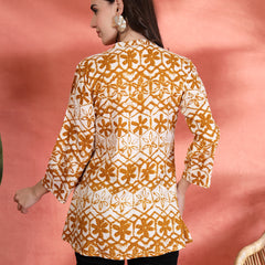 Indibelle Rayon Abstract Print A Line Kurti (Mustard)